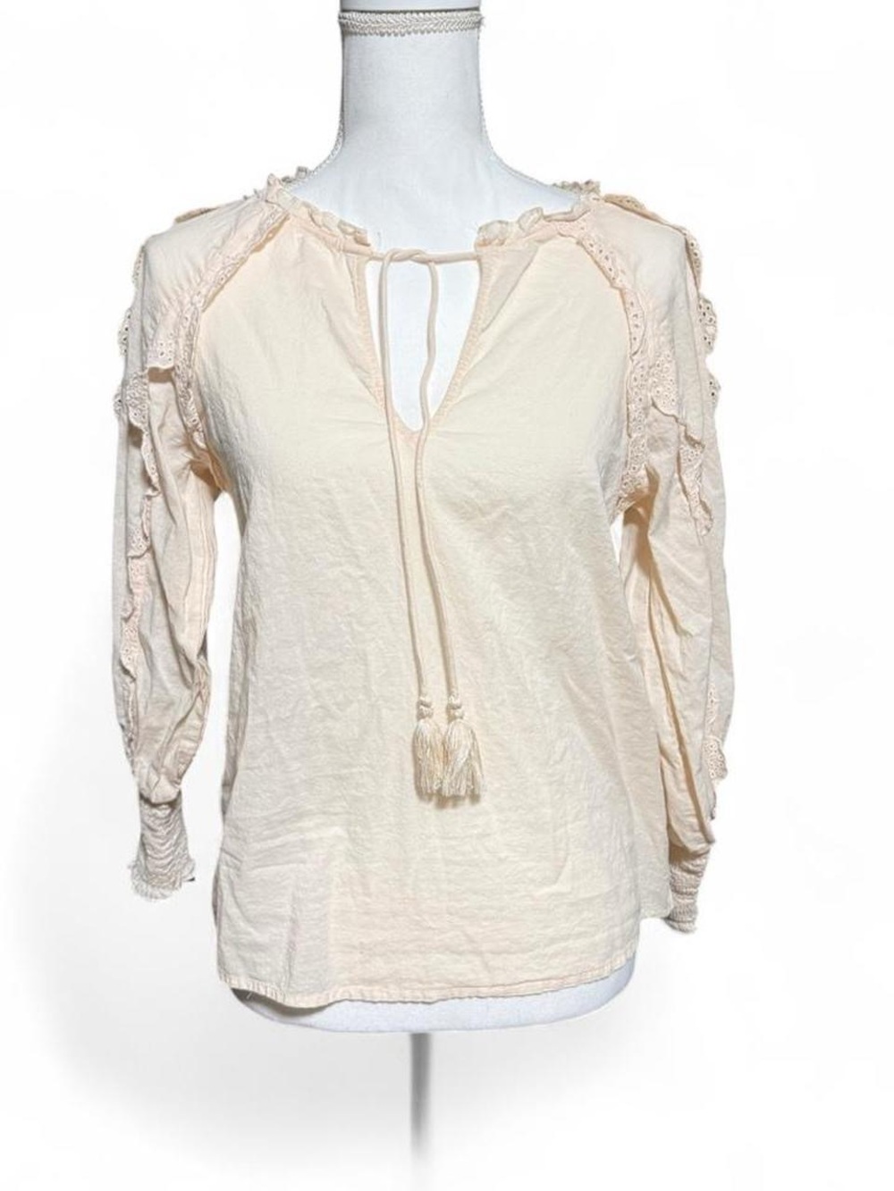 Zara Basic Cream Boho Peasant Tie Front Blouse Lace Trim Cottagecore Top XS